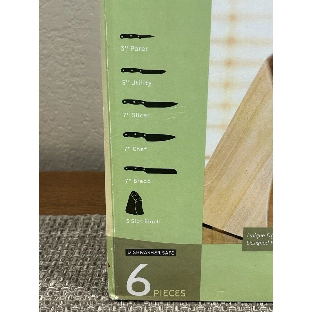 Revere Ware 6 Pc Knife Set W Wood Block Black Handles Never Needs Sharpening